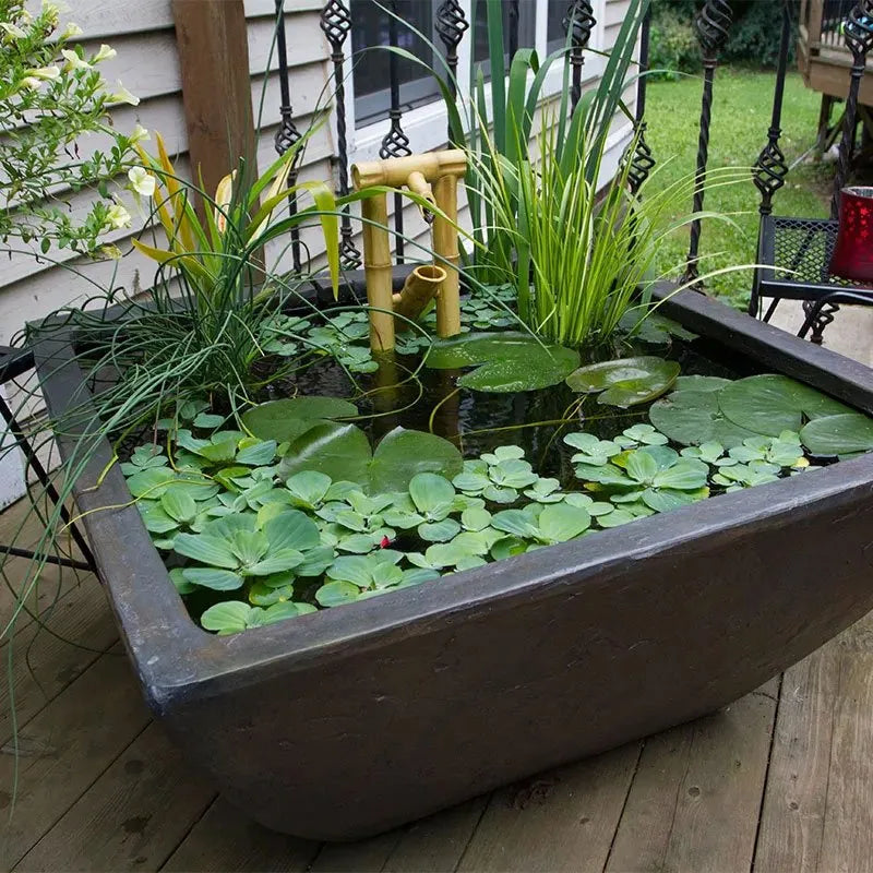 Textured gray slate patio ponds.