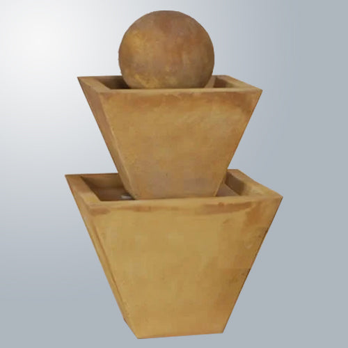 Two-tier modern fountain with water flowing.