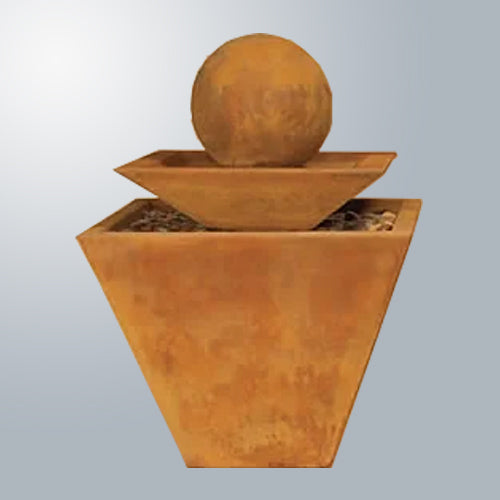 Two-tiered tapered square fountain with water flowing.