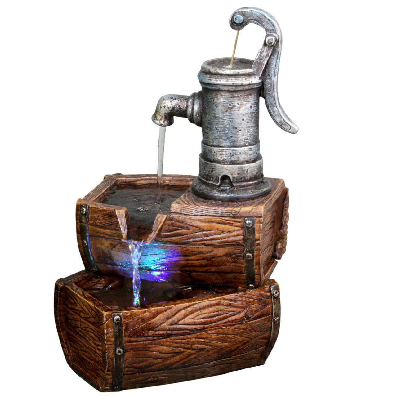Two-tier barrel tabletop fountain with white LED lights.