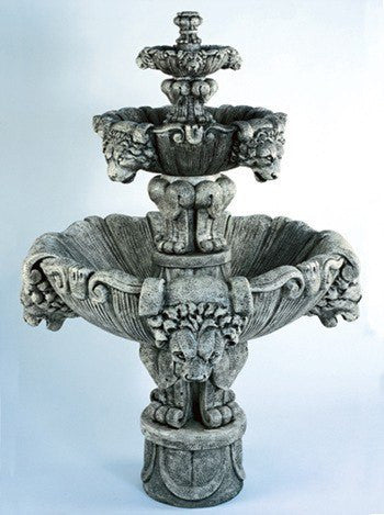 Medium outdoor fountain with three tiers, each featuring a lion's head spout.