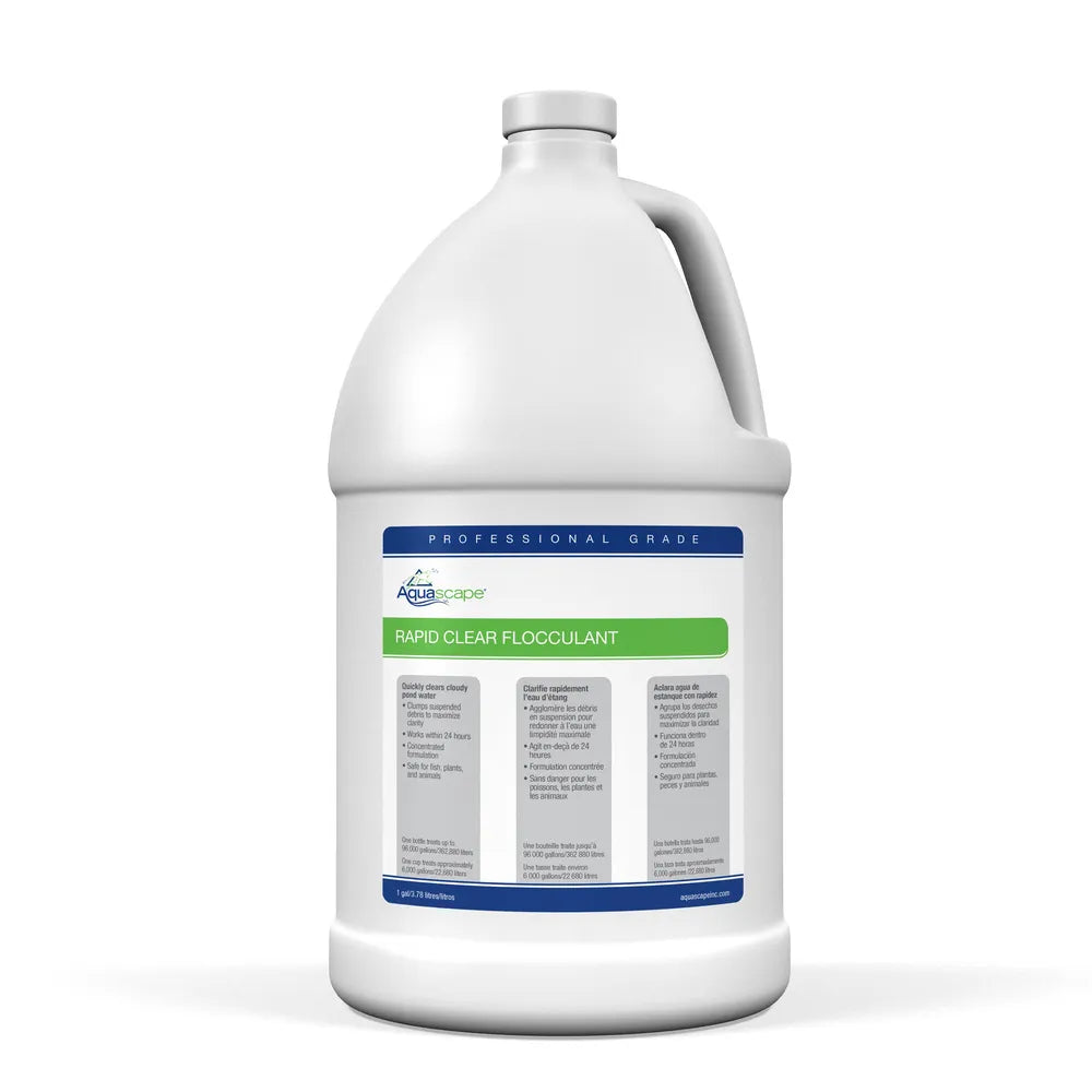 Bottle of Rapid Clear Flocculant Professional Grade, 1 gallon size.