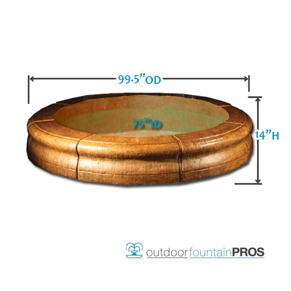 Large, round, black plastic pond basin with eight grey coping caps around the rim.