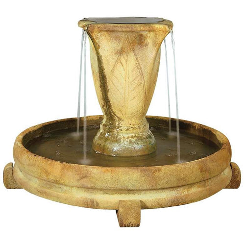 Overflowing vase fountain with water cascading down.