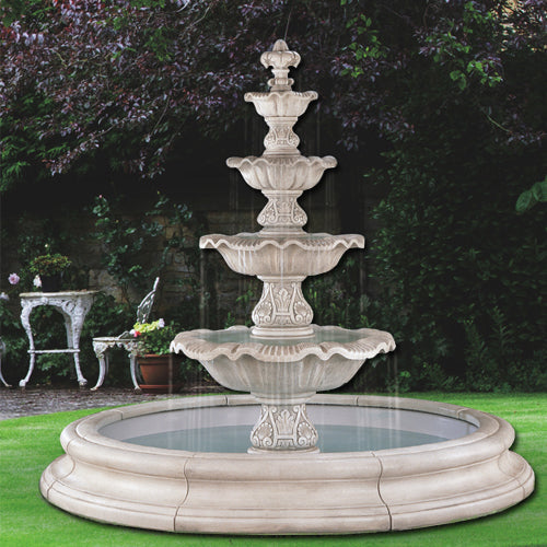 Four-tier Renaissance fountain in a pool, Toscana style.