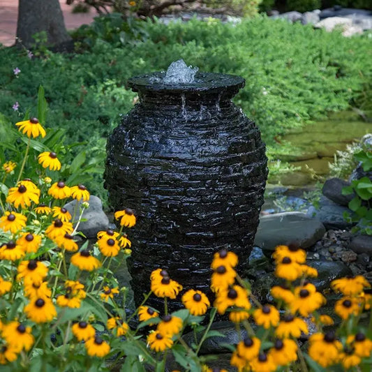 Stacked slate urn fountain kit, 33.5 inches (85 cm) high.