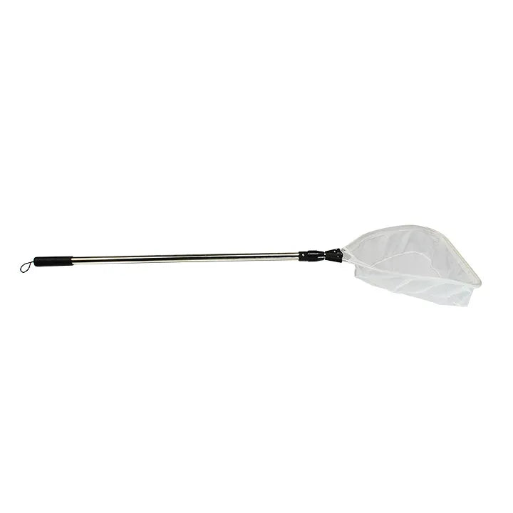 Heavy-duty pond skimmer net with extendable handle.