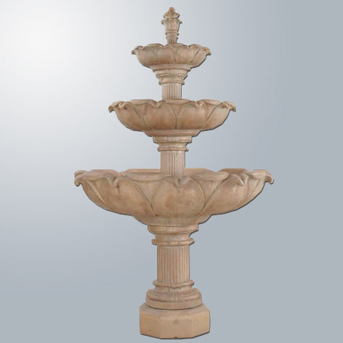 Three-tier fountain with water flowing into each basin.