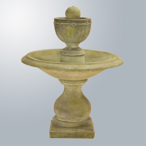 White marble urn fountain with water flowing into a basin.