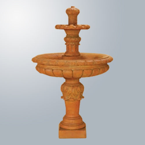 Two-tier fountain with a classic design, featuring a large basin at the bottom and a smaller basin above, with water flowing from the top tier into the bottom.