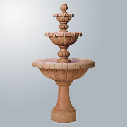 Tall, three-tiered outdoor water fountain.