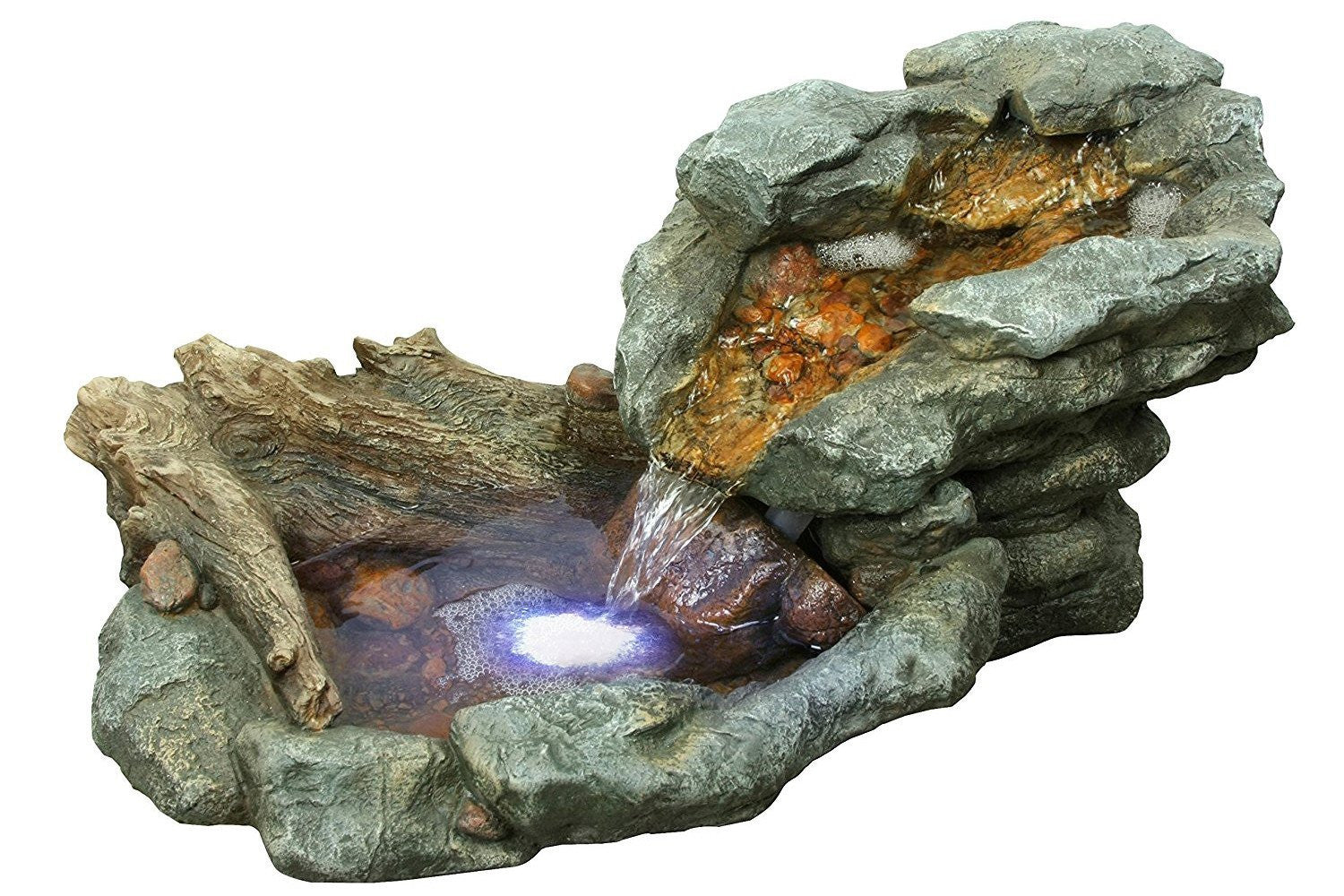 Rock waterfall garden fountain with LED lights.