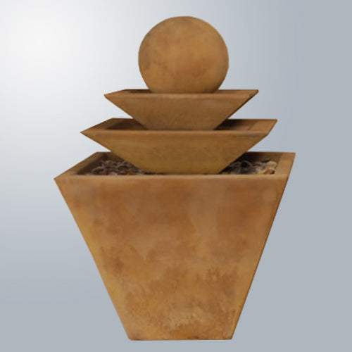 Three-tier tapered square fountain with water flowing.