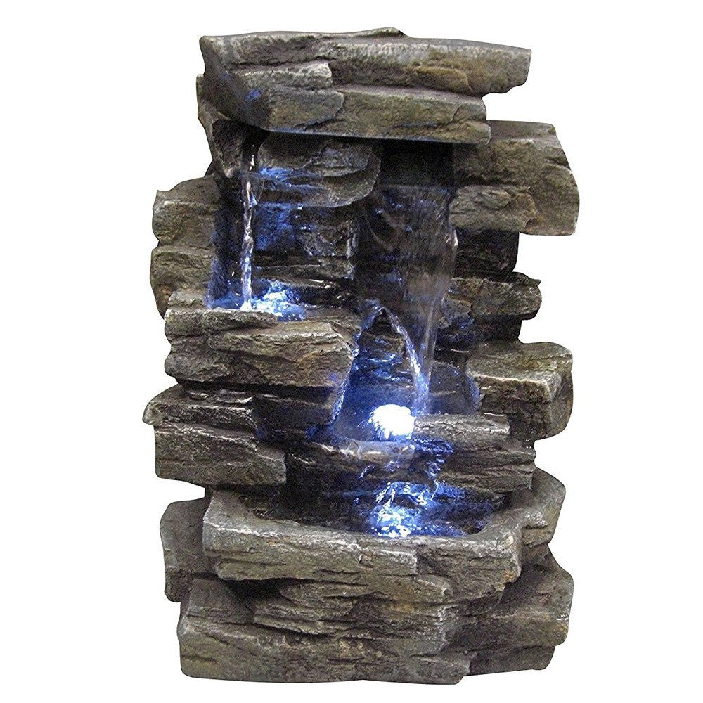 Tabletop fountain with cascading water and white LED lights