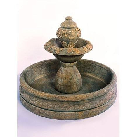 Oak outdoor water fountain with 46-inch basin.